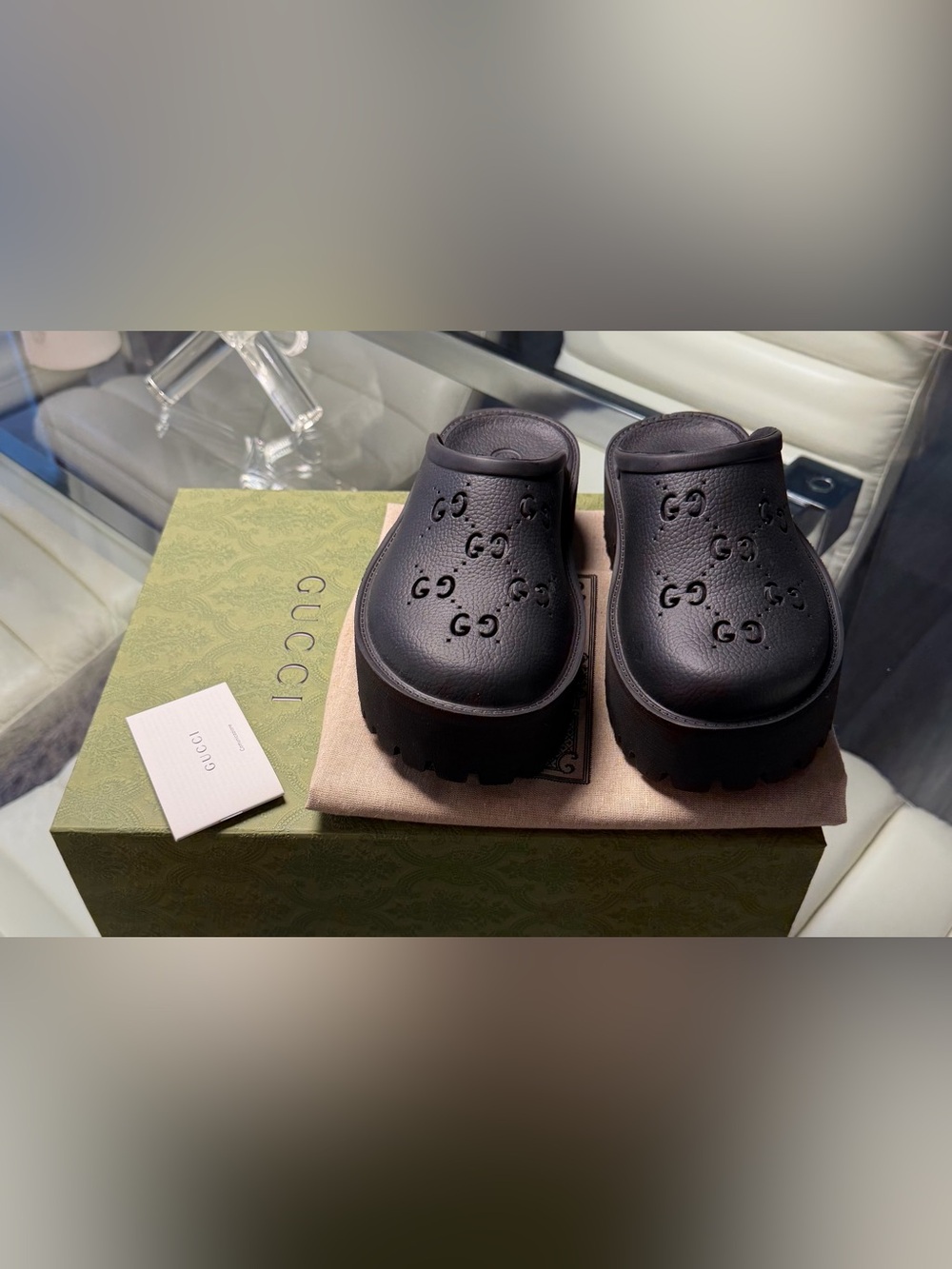 Gucci Black Perforated GG Platform Clog Mules - Picture 4 of 10